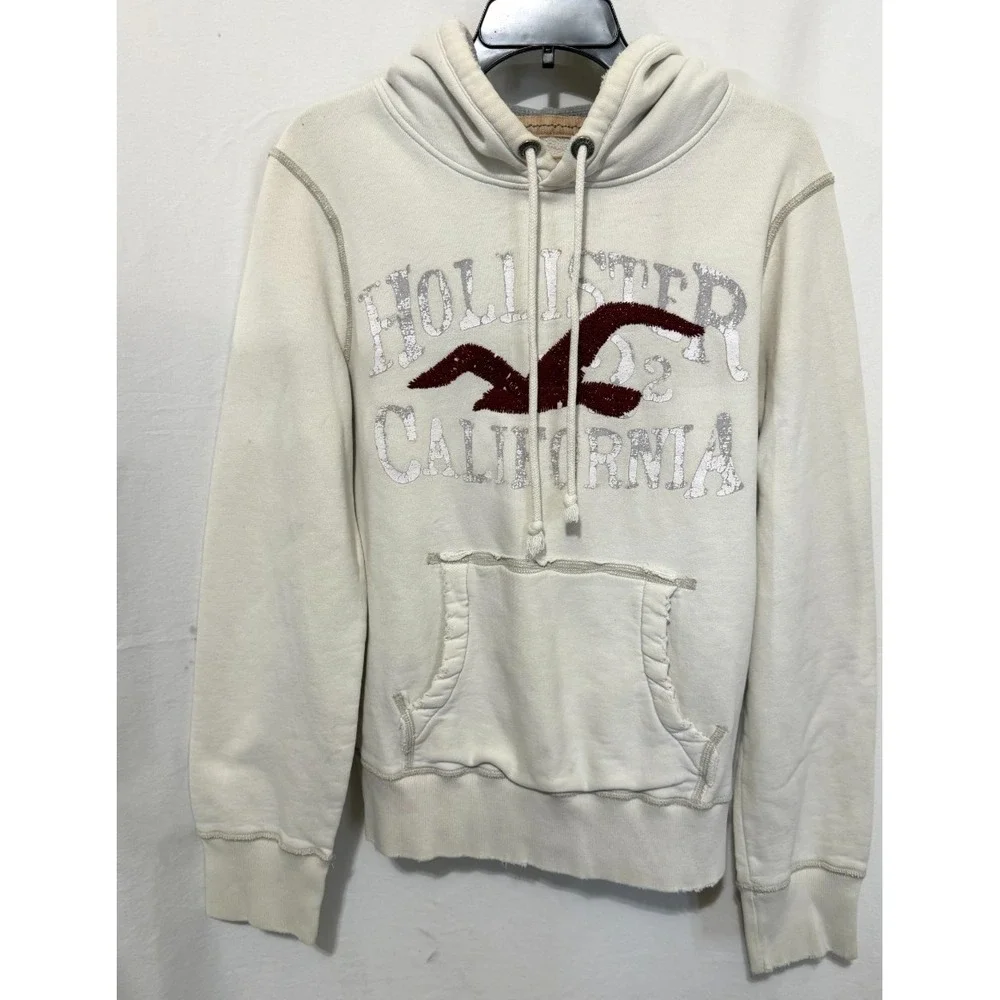 Y2K Hollister Men's Small Vintage Distressed Off White Heavy Weight Logo Hoodie